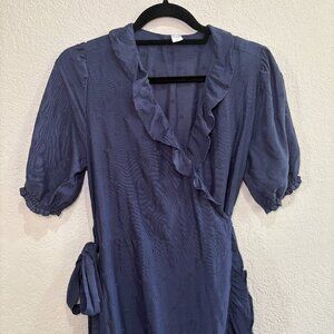 Old Navy Navy Blue Wrap Maxi‎ Dress Small Ruffle Tie Waist Puff Sleeve
